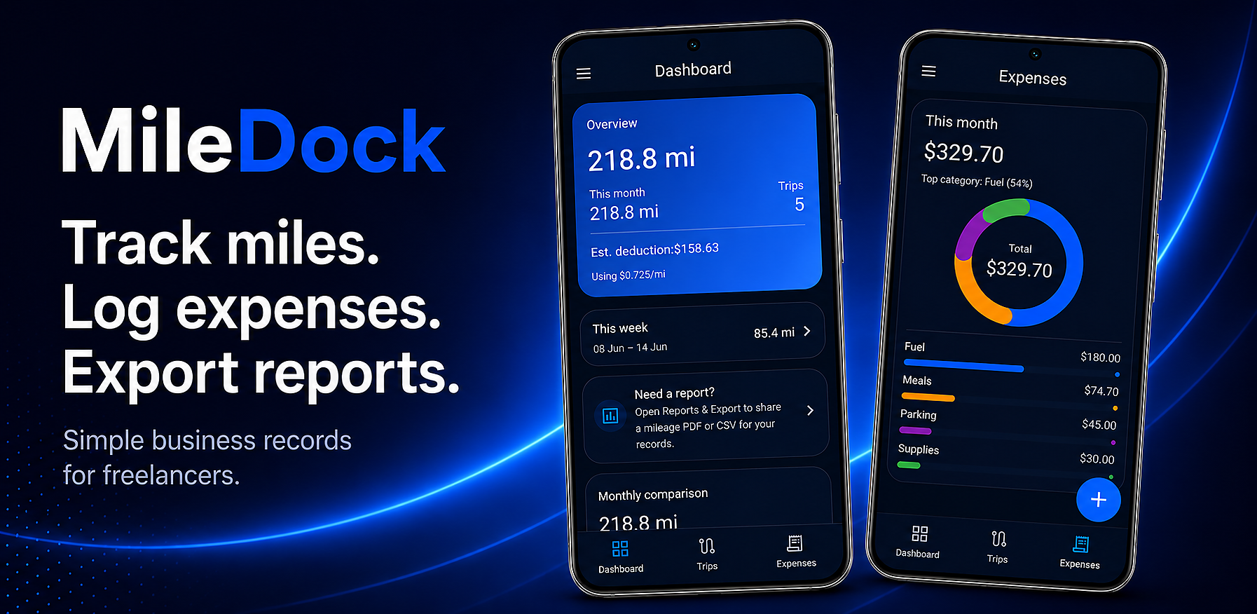 MileDock business mileage and expense tracker dashboard and expenses screens