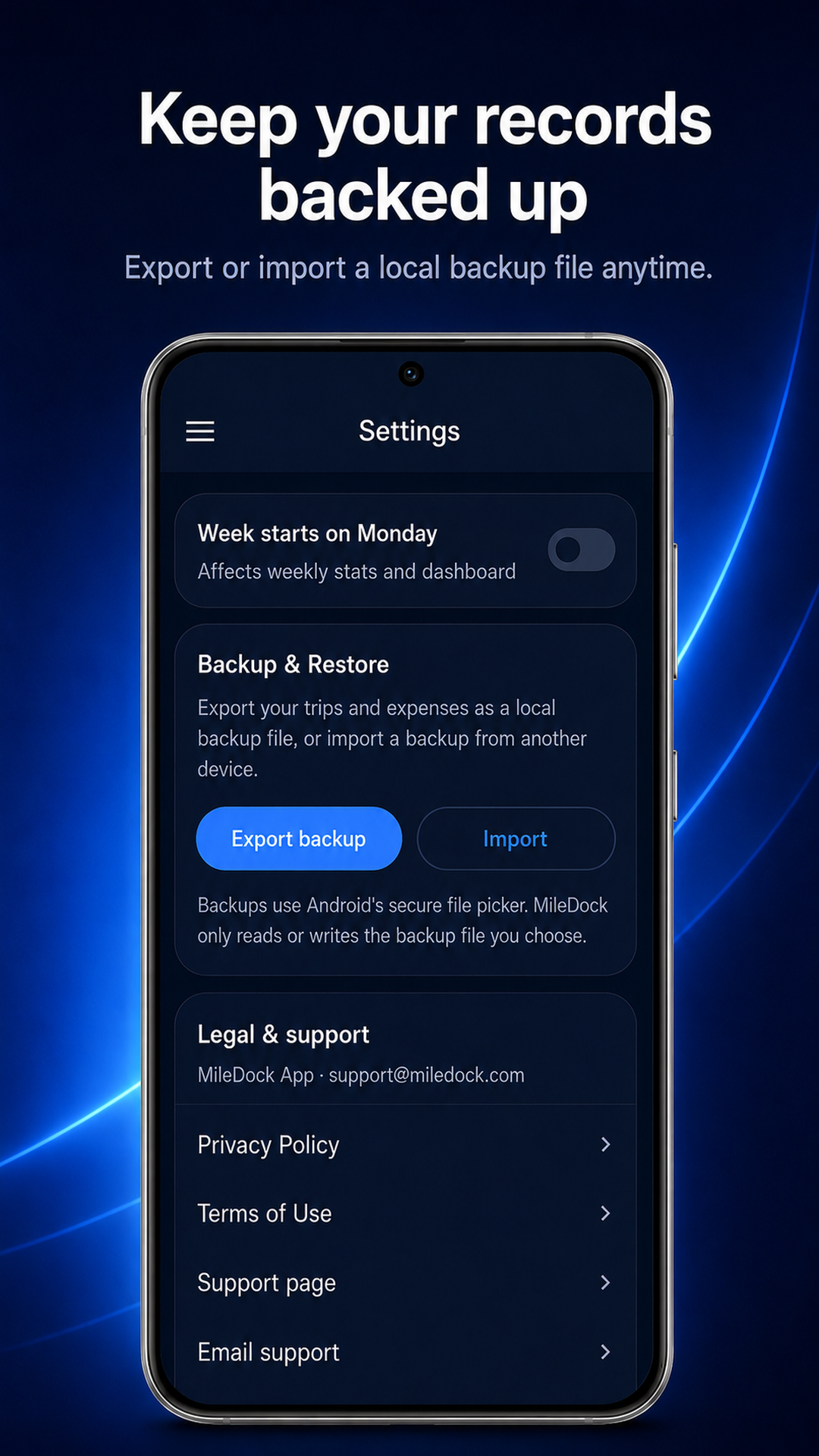 MileDock local backup and restore settings