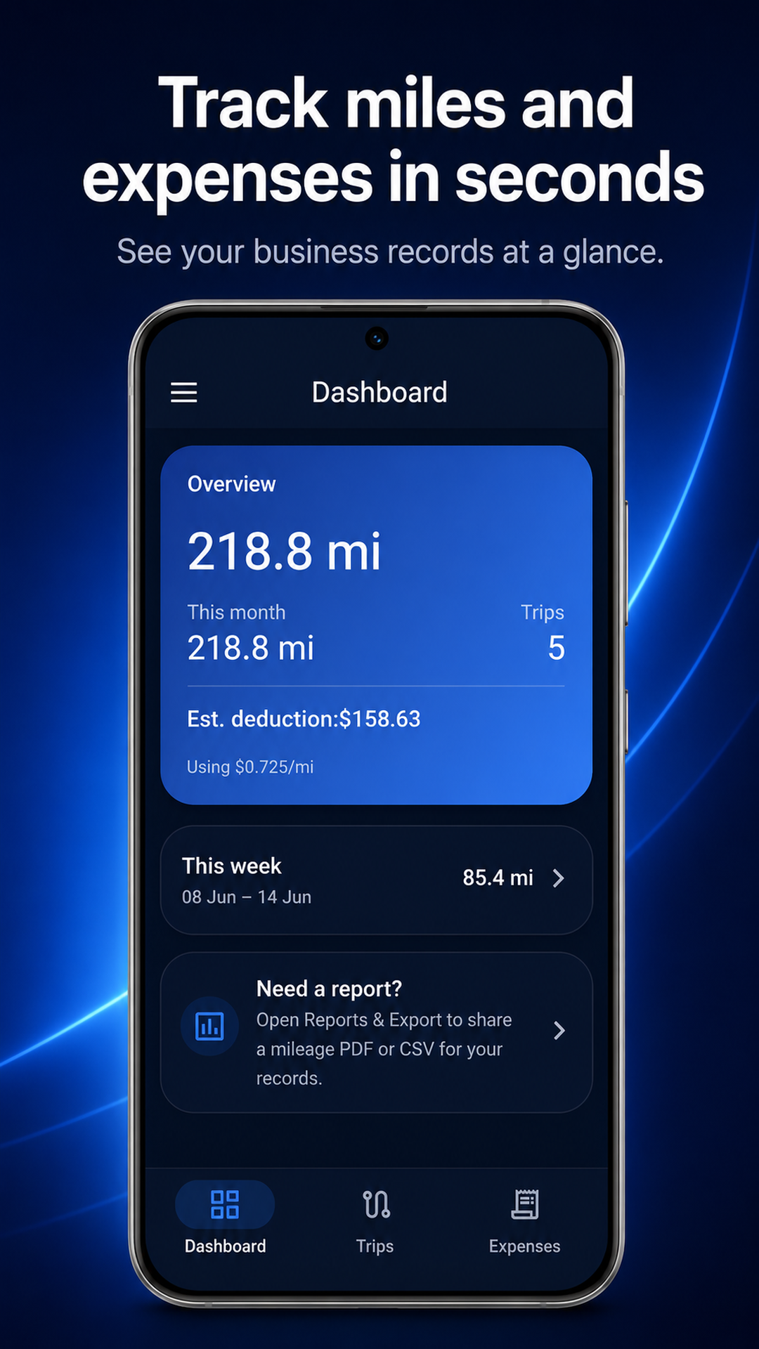 MileDock business mileage tracker dashboard showing monthly mileage and trip totals