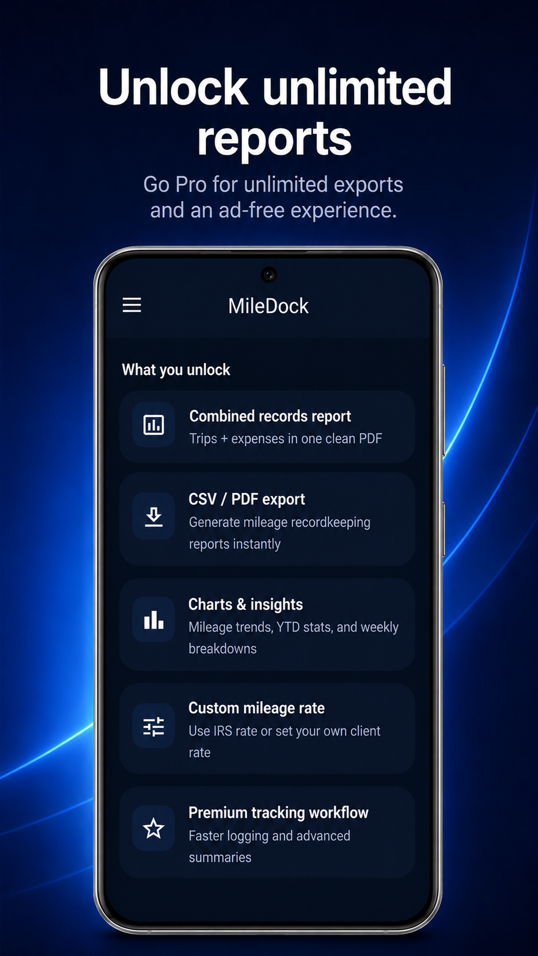 MileDock Pro features including unlimited reports and no ads