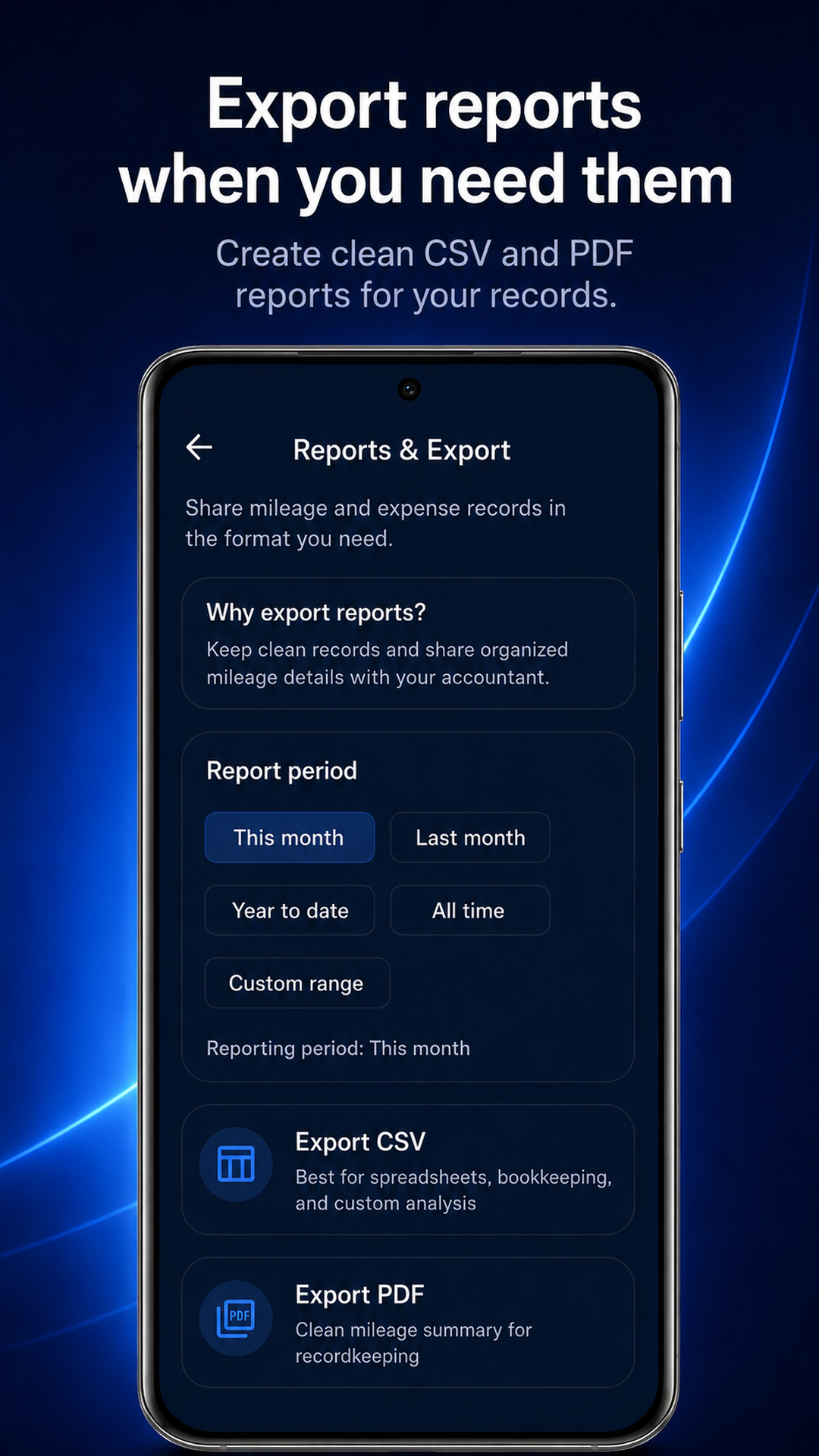 MileDock reports screen for freelancer mileage and expense records