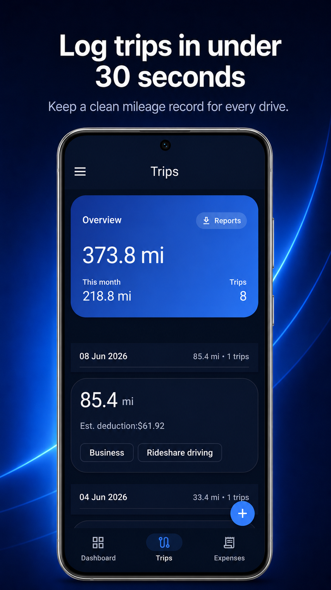 MileDock business mileage trip list with trip types and purposes